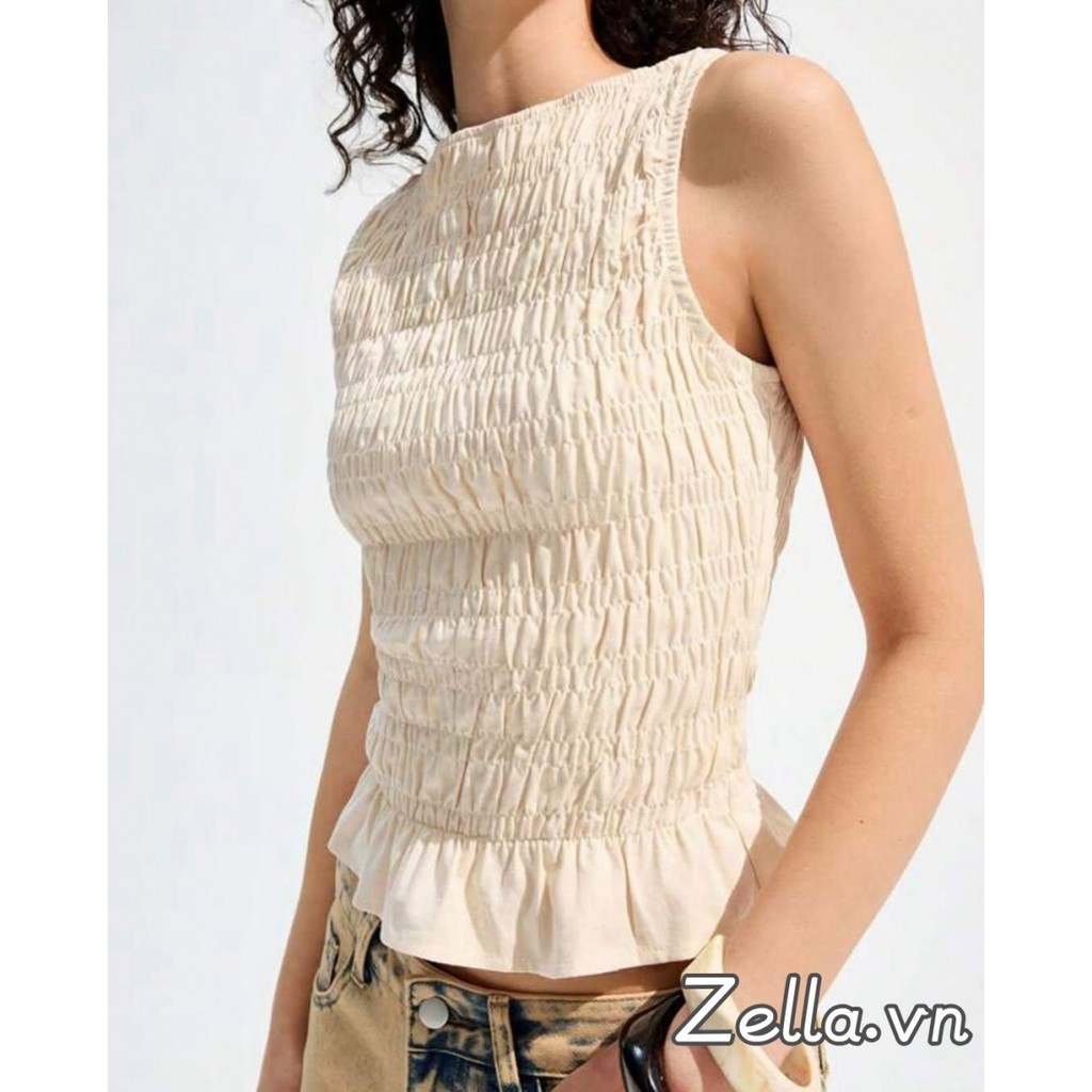 Áo sơ mi nữ mùa hè, thiết kế smocktank tops viền xù không tay, phù hợp làm áo vest cơ bản