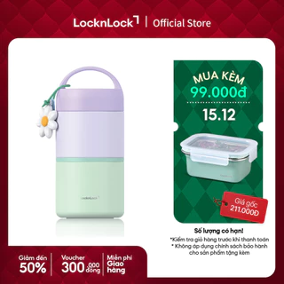 Bộ 2 hộp cơm giữ nhiệt LocknLock New Tower Vacuum Lunch Box LHC8055VOL thép không gỉ 304 kèm muỗng và họa tiết trang trí