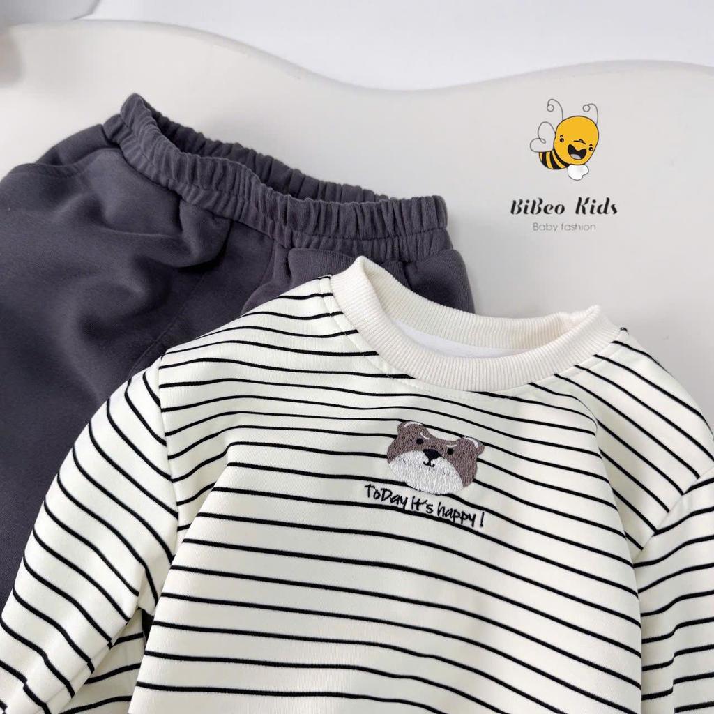 [BiBeo Kids] BỘ QUẦN ÁO NỈ KẺ NGANG TODAY HAPPYY THÊU GẤU cho bé , Bộ thể thao thu đông cho bé