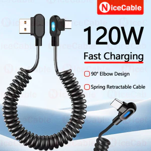 Cáp dữ liệu lò xo sạc siêu nhanh 120W, thiết kế khuỷu tay 90°, truyền dữ liệu, Type C / USB sang Type C