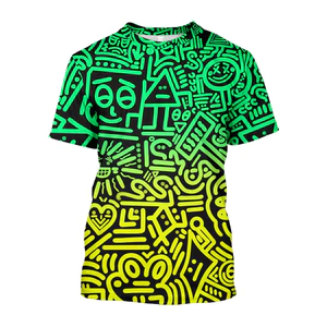 Neon Xanh Trừu Tượng Doodle Áo Thun Dòng Nghệ Thuật Cổ Tròn Tay Ngắn Thường Ngày Hợp Thời Trang Dạo Phố Tee