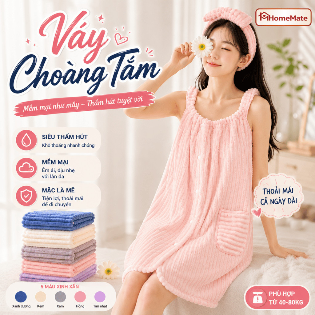 Váy Choàng Tắm Nữ HomeMate Siêu Thấm Hút – Khăn Quấn Body Microfiber Mềm Mịn, Dày Dặn Không Rụng Lông