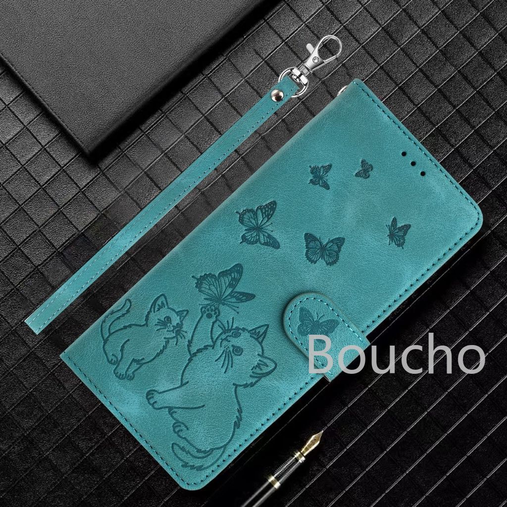 Ốp điện thoại lật ví da từ tính cho Honor X7D X9D X5C X6C X7C X8C X9C X5B Plus 400 200 Lite Pro Smart 4G 5G có khe cắm thẻ Dây đeo cổ tay hình hoa mèo Thiết kế dập nổi mặt sau