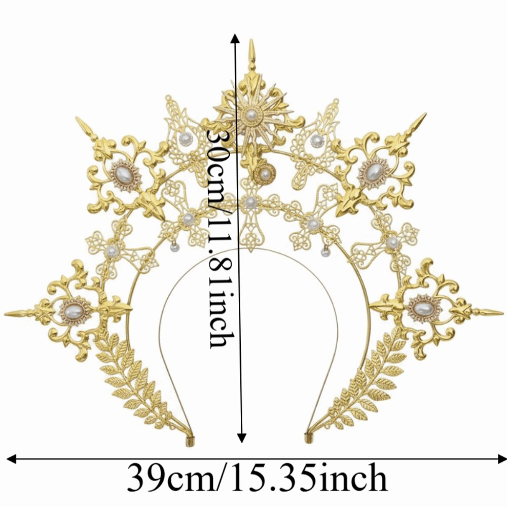 POYFOX Sun Goddess Crown, Chất liệu hợp kim kim kim loại dát ngọc trai giả Baroque Tiara Headband, Chi tiết chữ thập tinh tế Thiết kế gai nhọn mạ vàng