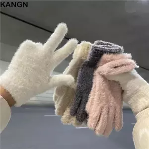 Găng tay mùa đông KANGN, Găng tay lông màu trơn ấm áp, Găng tay năm ngón dày chống gió thời trang mùa đông