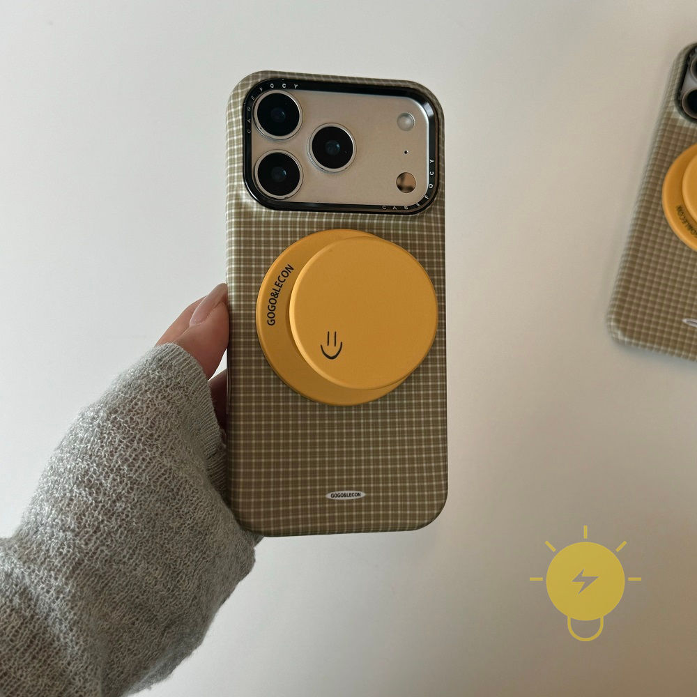 Phone Case For iPhone 17 Pro Max 16 15 14 13 with Griptok TPU Magnetic yellow with Griptok Smile Grid Aesthetic Korean Cute
