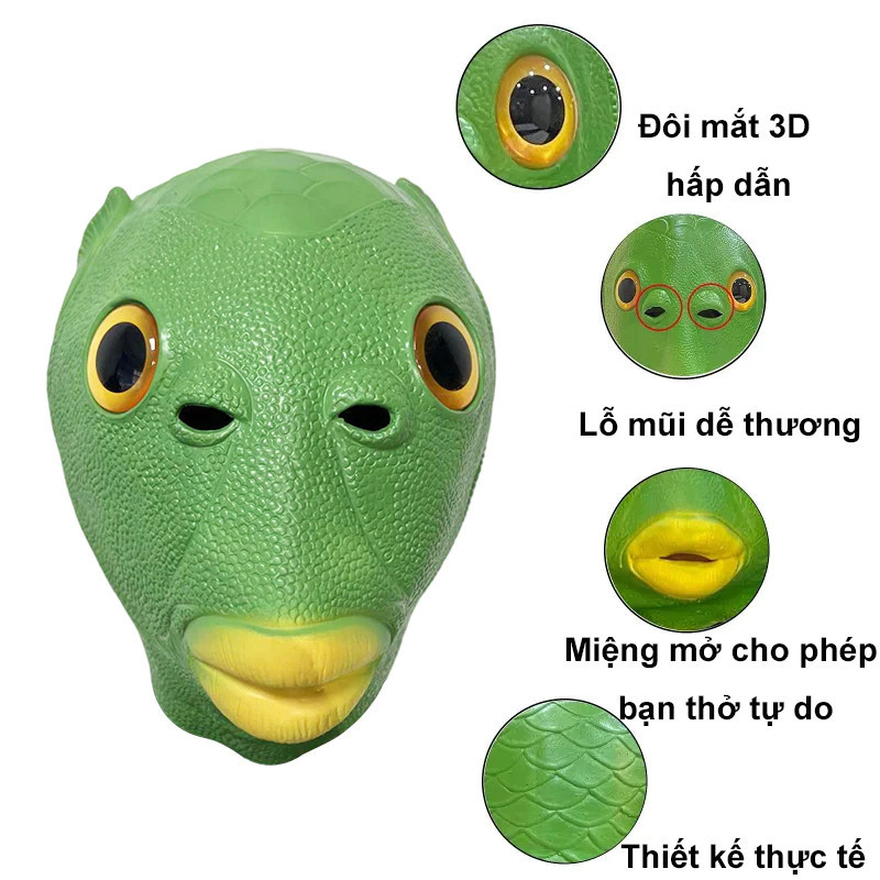 [48h] [COD] Mặt Nạ Cosplay Quái Vật Đầu Cá Xanh - Thiết Kế Vui Nhộn, Kích Thước ~30x26x25cm, Chất Liệu An Toàn
