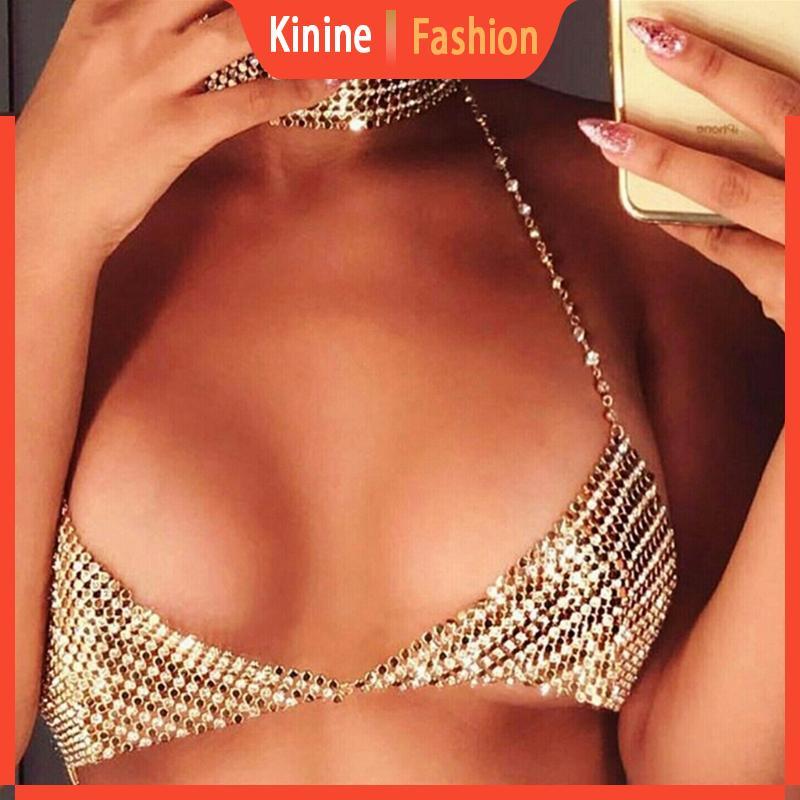 KIN Kim Cương Giả Lưới Áo Lót Dây Xích Lấp Lánh Bikini Cơ Thể Trang Sức Bãi Biển Hộp Đêm Camisole