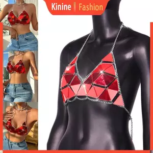 KIN Lấp Lánh Kim Sa Lấp Lánh Tua Rua Crop Tank Cổ Chữ V Sâu Dây Xích Cơ Thể Đảng Clubwear