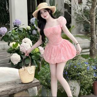 Đầm Tiểu Thư Thêu Hoa Thiết Kế Cổ Vuông Tay Phồng Dáng Bí Bồng Bềnh Ld_Store Fashion
