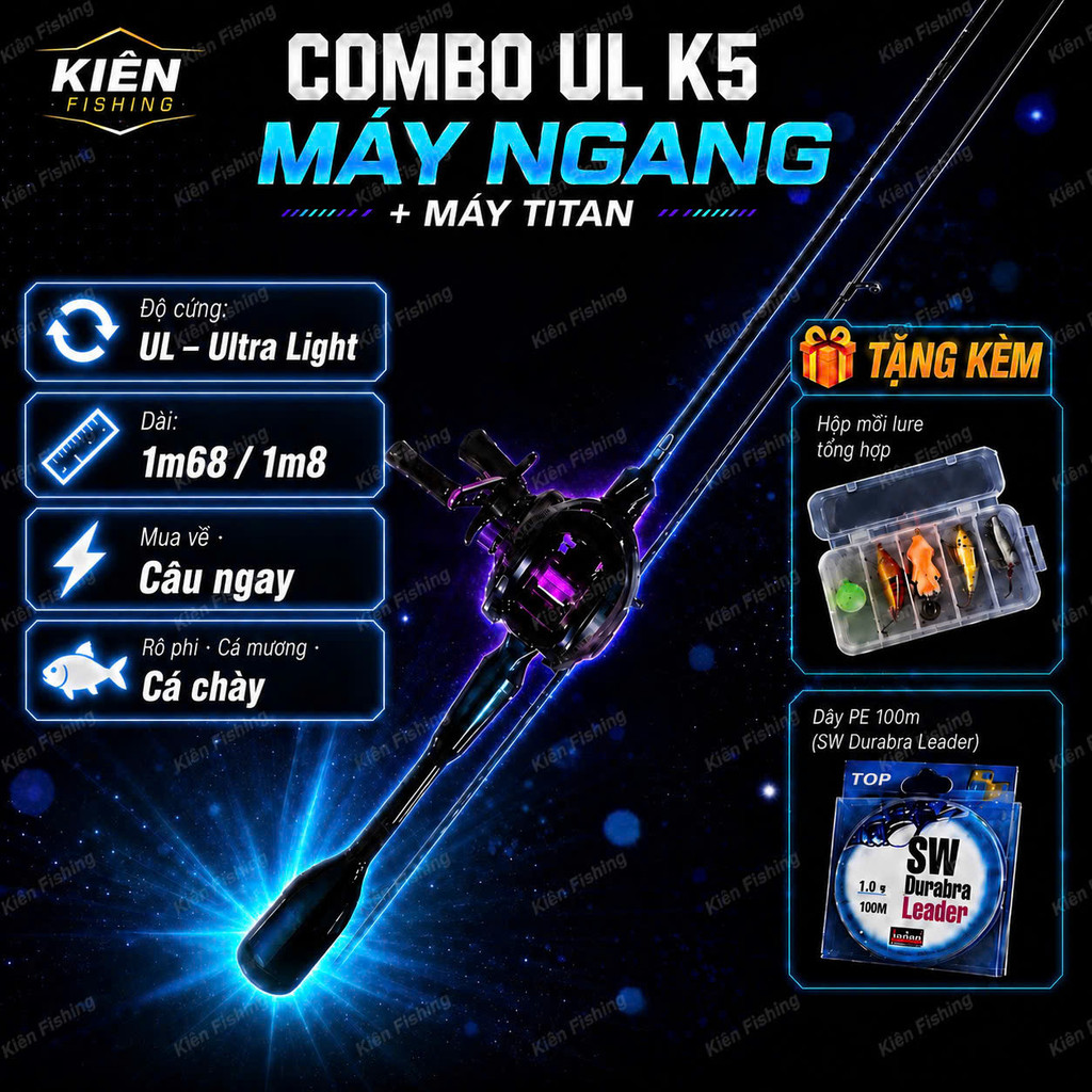 Combo Cần Câu Lure UL K5 1m68 1m8 + Máy Ngang Ánh Tím Titan – Tặng Dây ...