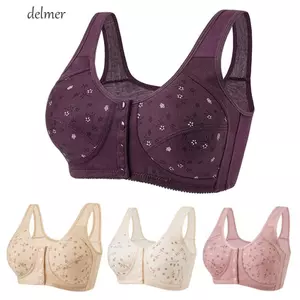 Áo ngực Cotton có nút đóng phía trước DELMER, Áo ngực hoa cúc thoải mái không dây cho phụ nữ lớn tuổi, Áo ngực thể thao in hoa cỡ lớn Đồ lót nữ thoáng khí
