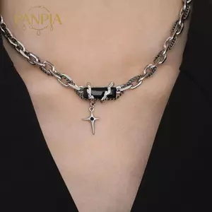 PNPIA- Punk Zircon Chữ Thập Ngôi Sao Mặt Dây Chuyền Nelace Cho Nữ Vintage Hàn Quốc Thoáng Mát Dây Thép Titan Choker Xu Hướng Trang Sức