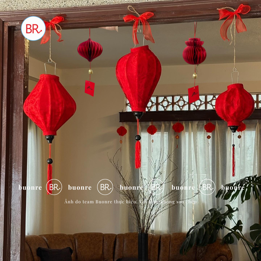 Set 5 đèn lồng xếp kèm chuông và thẻ thư pháp,phụ kiện trang trí Tết đón may mắn, tài lộc ANGIHOME