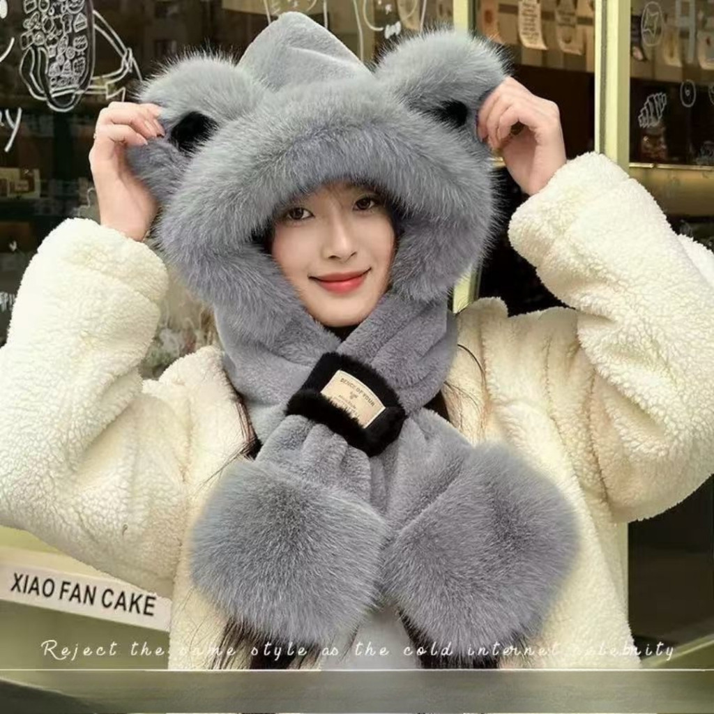 Mũ len nữ lông cừu dễ thương mũ len nữ trùm đầu kèm khăn quàng cổ giữ ấm thời trang