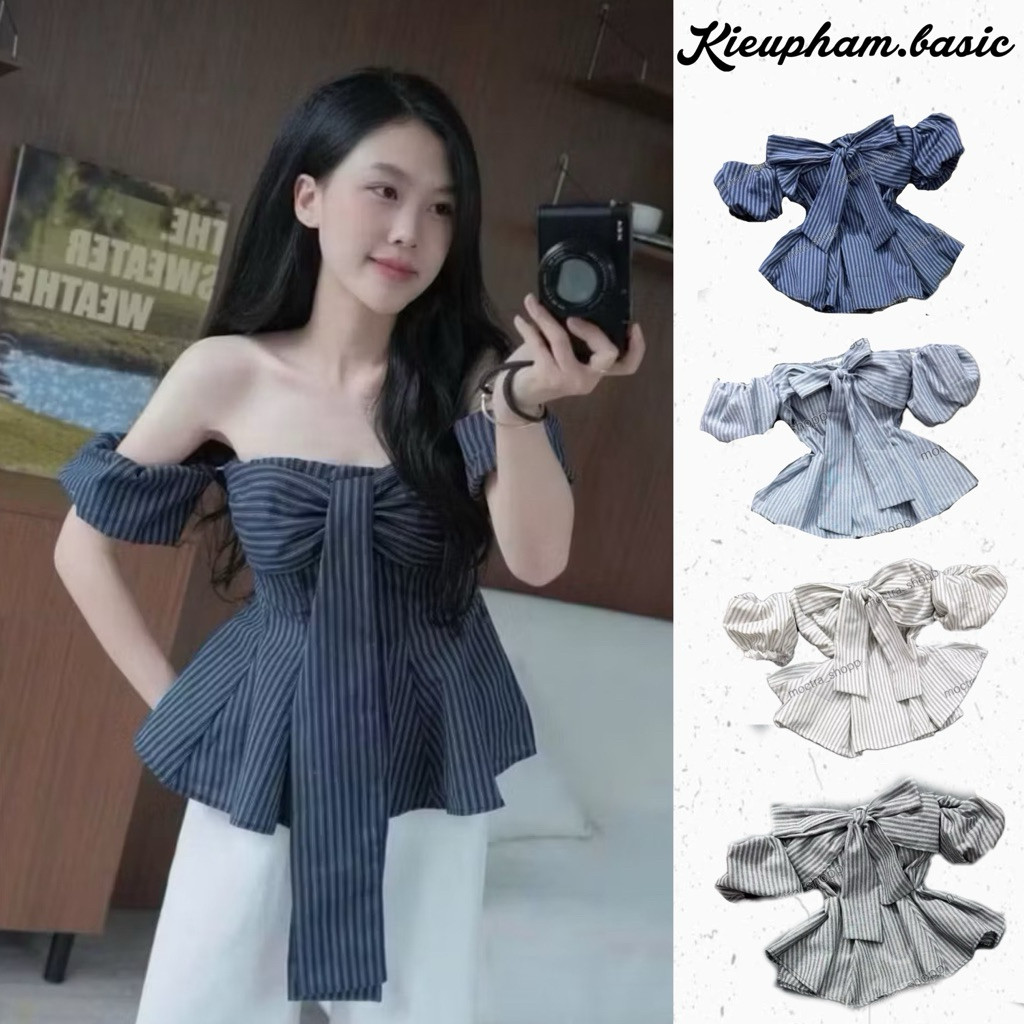 Áo Kiểu Cúp Ngực Cột Nơ Tay Phồng Rời Kẻ Sọc Kieupham.shopp