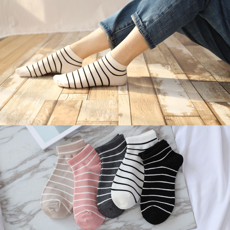 Tất nữ cotton nguyên chất sọc đen trắng, tất mỏng thoáng khí mùa hè, tất dài đa năng cho học sinh, tất thể thao cotton thoải mái.