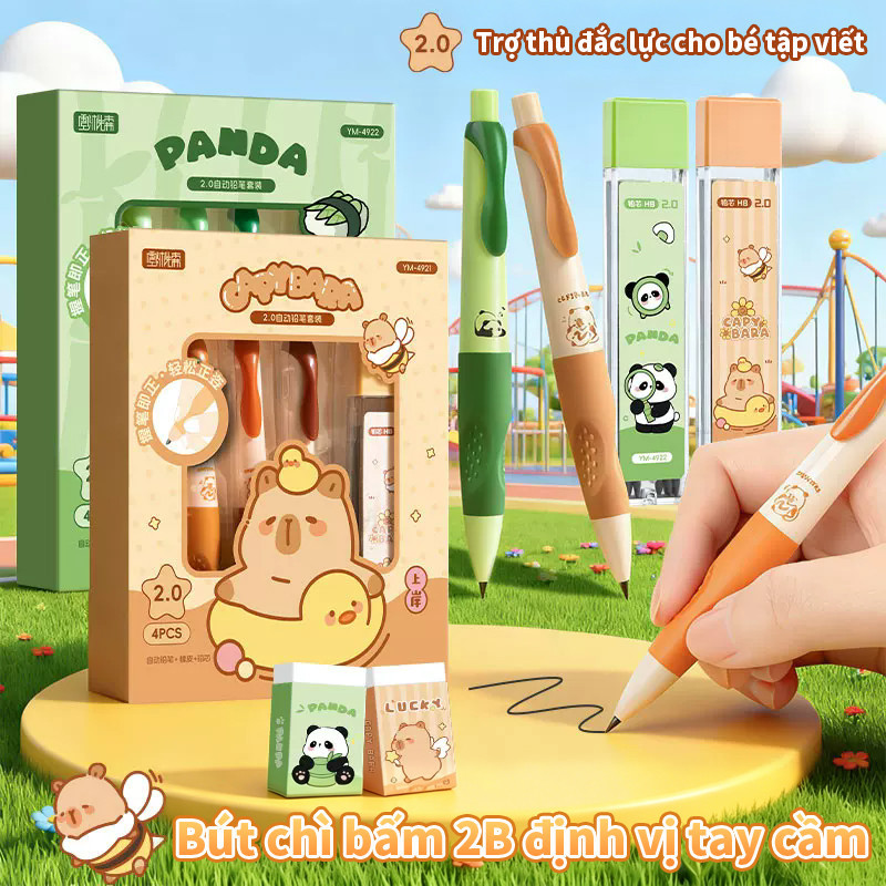 Bút Chì Kim Cho Bé Lớp 1 Set 4 Bút Chì Bấm 2.0mm, Capybara Cute Kèm Tẩy Học Sinh