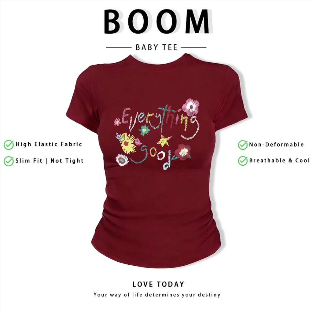 BOOM Áo Baby Tee Nữ Cotton Ôm Body-Áo Thun Ngắn Tay Y2K In Hình PhongCách Mùa Hè, Cổ Tròn Hàng Đầucách hàn quốc phongC47