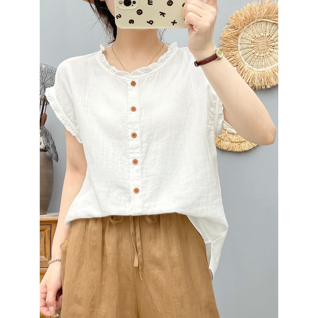 [Hàng có sẵn] Áo sơ mi nữ 100% sợi Cotton chất lượng cao Nghệ thuật mùa hè Cổ nhỏ tươi mềm mại Áo không tay thân thiện với da