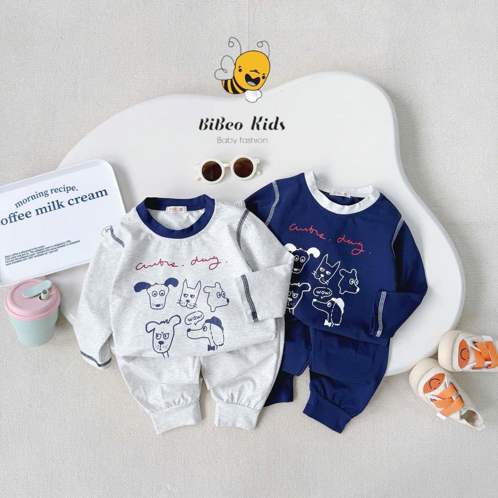 [BiBeo Kids] Bộ quần áo thu đông dài tay IN HÌNH CÚN XÁM XANH THAN  cho bé trai , Bộ quần áo chất COTTON mềm