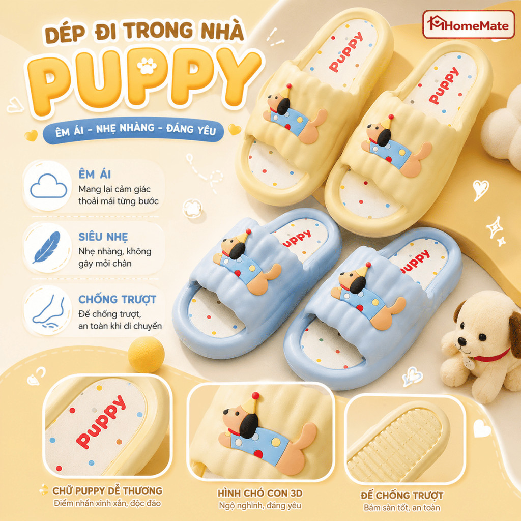 Dép Đi Trong Nhà EVA HomeMate Đế Mềm Êm Chân, Dép Quai Ngang Đế Xuồng Hình Cún Puppy Dễ Thương