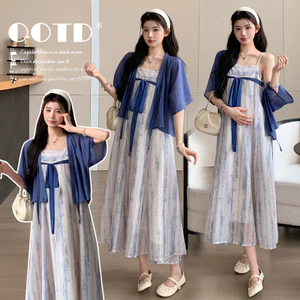 Bộ đồ bà bầu Váy dài dáng rộng thông thường mùa hè + Bộ đồ hai mảnh hàng đầu
