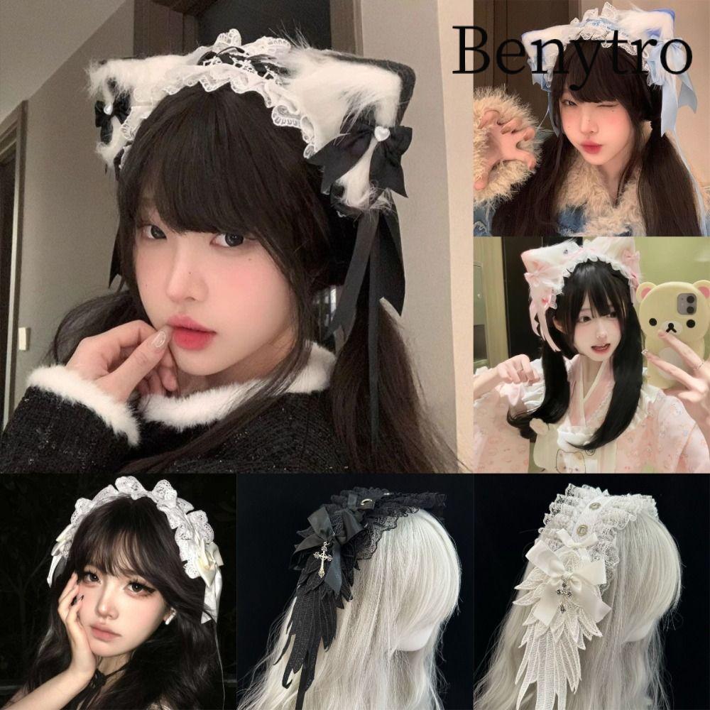 Băng đô tai mèo BENYTRO, Quấn đầu Cosplay ren, Mũ nón nơ Lolita dành cho nữ