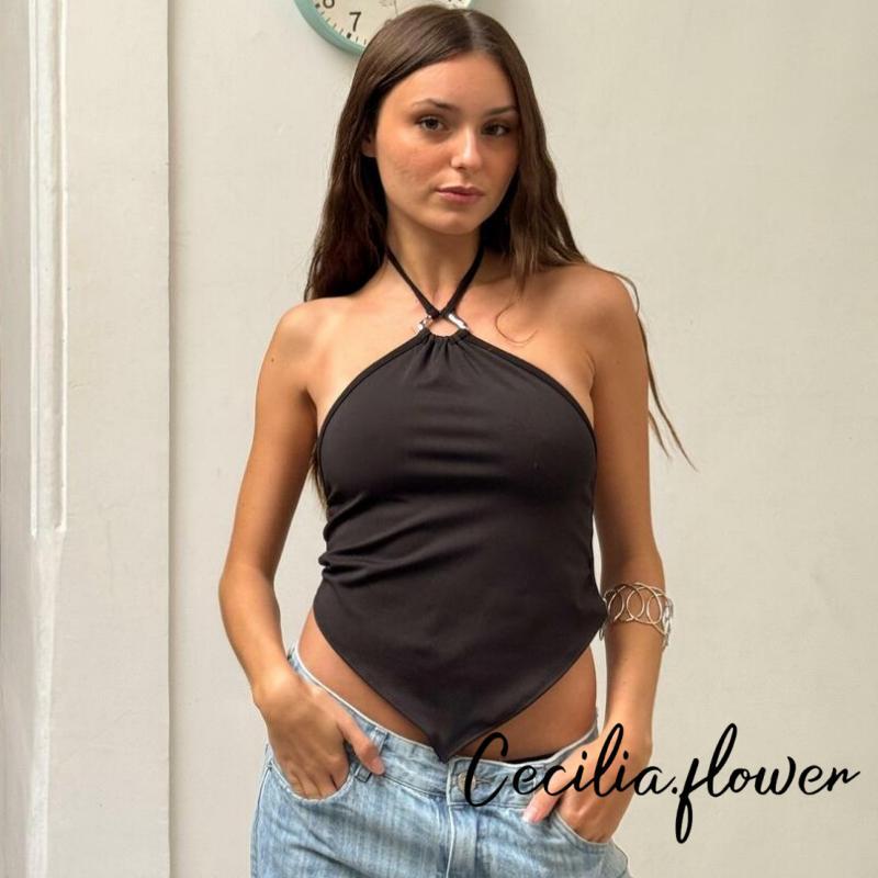 [Rjqu] Áo tăng nữ không tay hở lưng Slim Fit Crop Halter Neck Vest