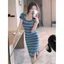 Váy dệt kim ngắn tay sọc lười biếng dành cho nữ mùa hè Slim-Fit Váy hông xẻ tà gợi cảm nguyên chất