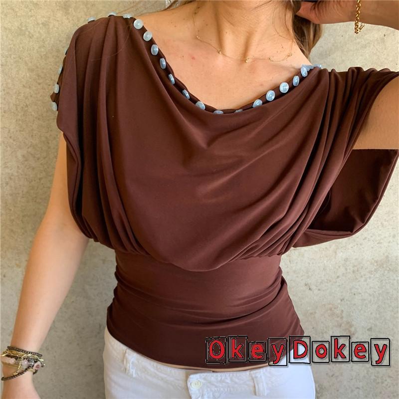 [OKDK] Áo Sơ Mi Tay Ngắn Thời Trang Nữ Có Nút Viền Dấu Cổ Tròn Áo Mùa Hè