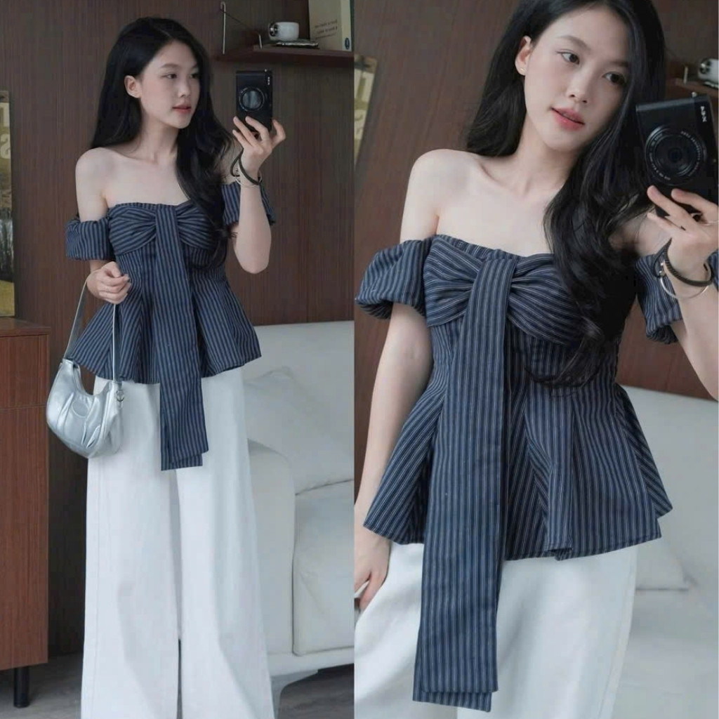 Áo trễ vai tay bồng (có mút ngực) dáng xòe thắt nơ to trước ngực phong cách sexy tiểu thư GU STORE