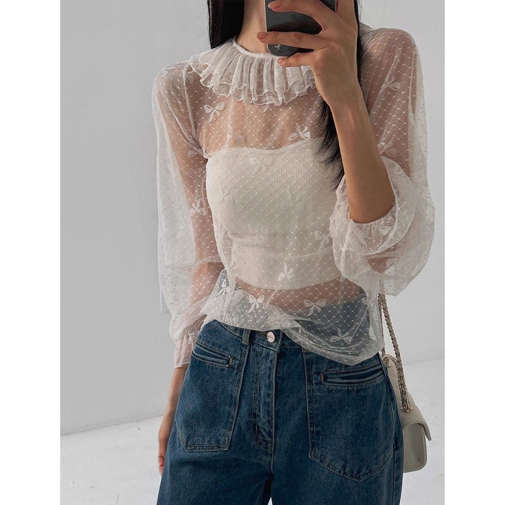 Milyfashion Rời Ren Dài Tay Đáy Nơ Mùa Thu Cổ Đôi
