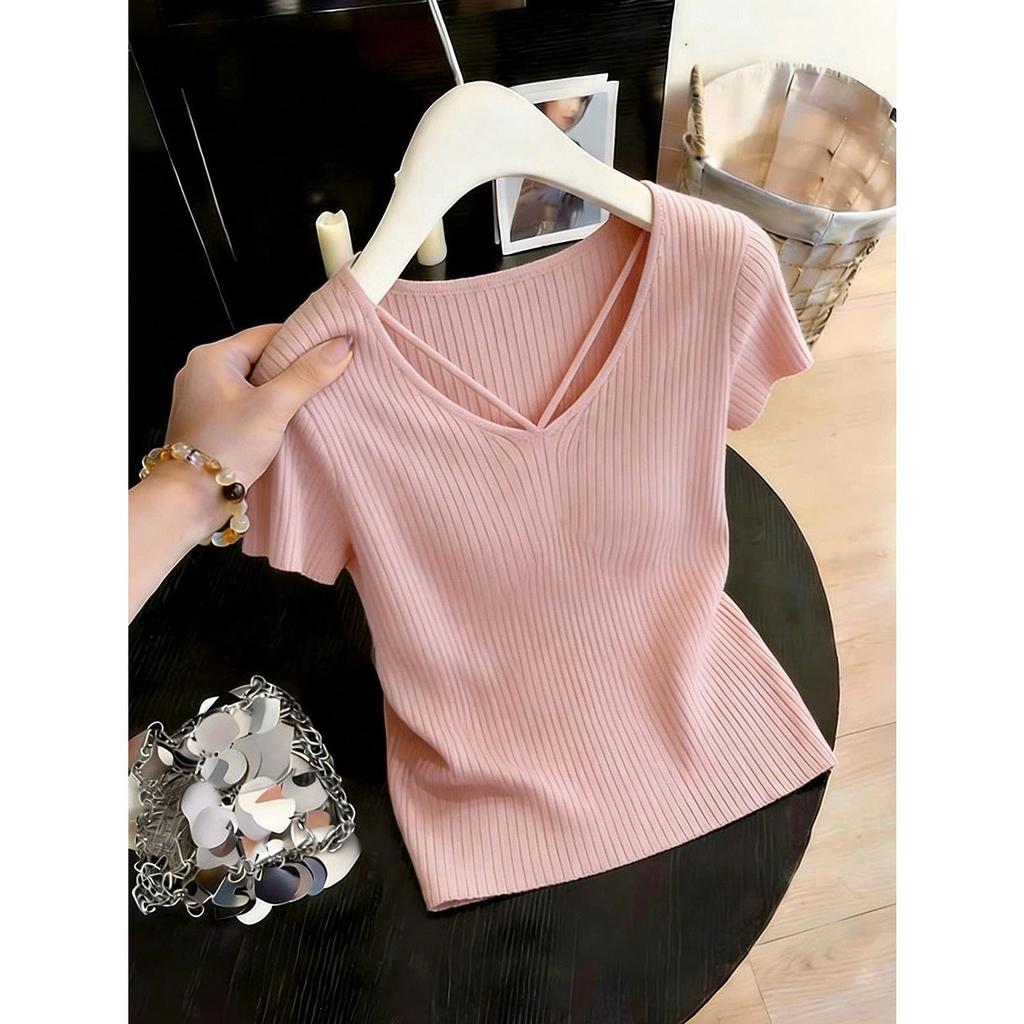 Mùa hè Phong cách mới nhẹ nhàng Phong cách trưởng thành Dải rãnh cổ chữ V dệt kim ngắn tay dành cho nữ Áo dáng ôm hơn, Sử dụng vải chất lượng cao, thoáng khí thoải mái, vừa vặn, Thích hợp cho phụ nữ nơi làm việc Mặc hàng ngày, Thời trang phù hợp, Làm nổi