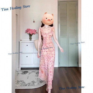 Đầm dây hoa hồng phong cách Pháp cho phụ nữ, váy dài đi biển nghỉ dưỡng cao cấp, thanh lịch