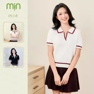 Áo len polo nữ cộc tay Mịn PL04 cổ V, phối viền đỏ, len dệt kim mềm mại, trẻ trung, thanh lịch