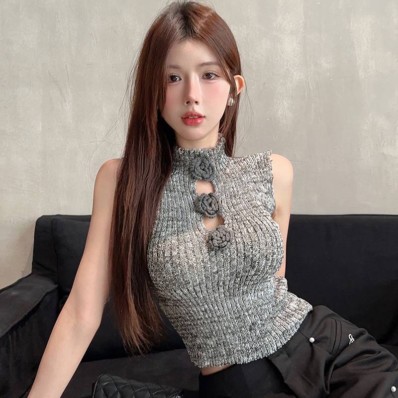 Springevenstar Không Tay Áo Dệt Kim Xe Tăng Crop Tops Rỗng Ra 3D Hoa Camis Quần Áo Nữ Thời Trang Gợi Cảm Chắc Chắn Y2k Vest Springevenstar