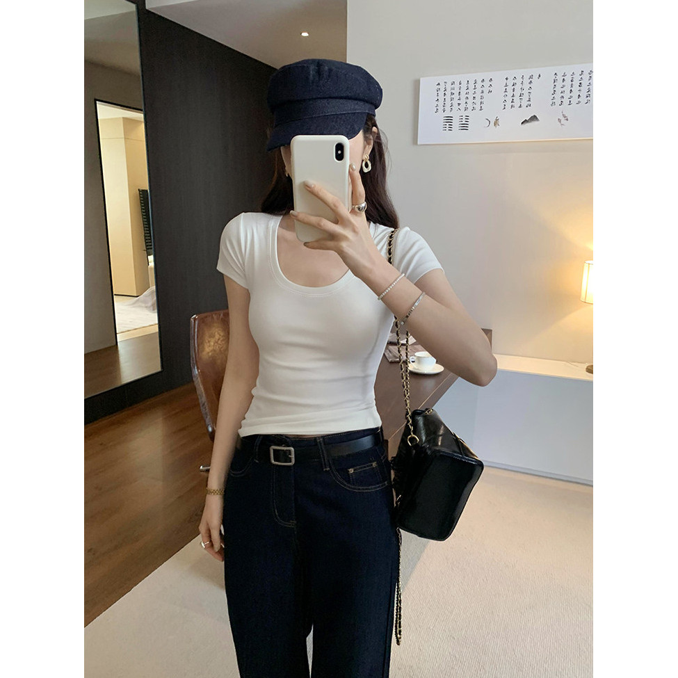 SUXI Áo thun ngắn tay cổ chữ U màu trơn nhẹ nhàng dành cho nữ mùa hè mới 260513