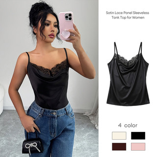Nova-Áo tank top không tay phối ren satin dành cho nữ, cổ chữ V, dáng ôm, thời trang và gợi cảm.