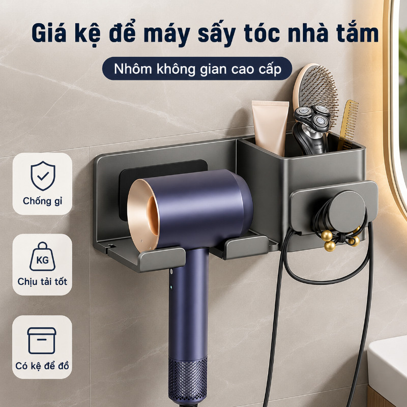 Giá Kệ để Máy Sấy Tóc Nhà Tắm, Nhôm Không Gian Cao Cấp, Chống Gỉ, Chịu Tải Tốt, Có Kệ để đồ