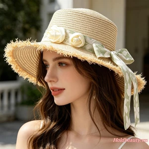 Mũ Rơm Mùa Hè Nữ Vành Rộng Mũ Chống Nắng Nhẹ Có Dây Đeo & Hoa Giả