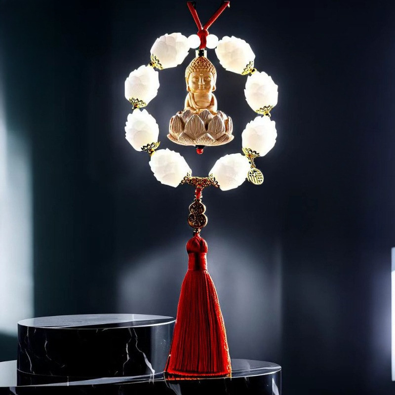 Khánh Treo Ô Tô Phật & Liên Hoa Bằng Gỗ Hoàng Dương - Trang Trí Gương Chiếu Hậu, Mang Lại Bình An & May Mắn