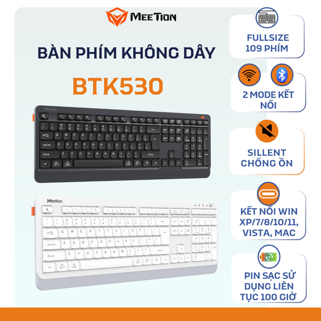 Bàn phím không dây Meetion BTK530 fullsize 2 mode Bluetooth/2.4G chống ồn pin sạc dùng hơn 100H