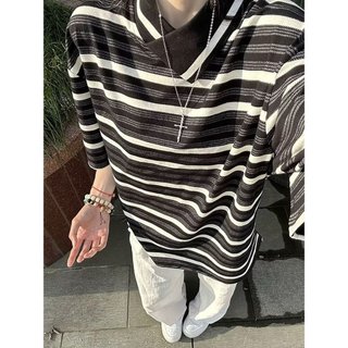 Áo thun nam GKSSS tay ngắn thương hiệu thời trang Mỹ cổ không đều sọc unisex