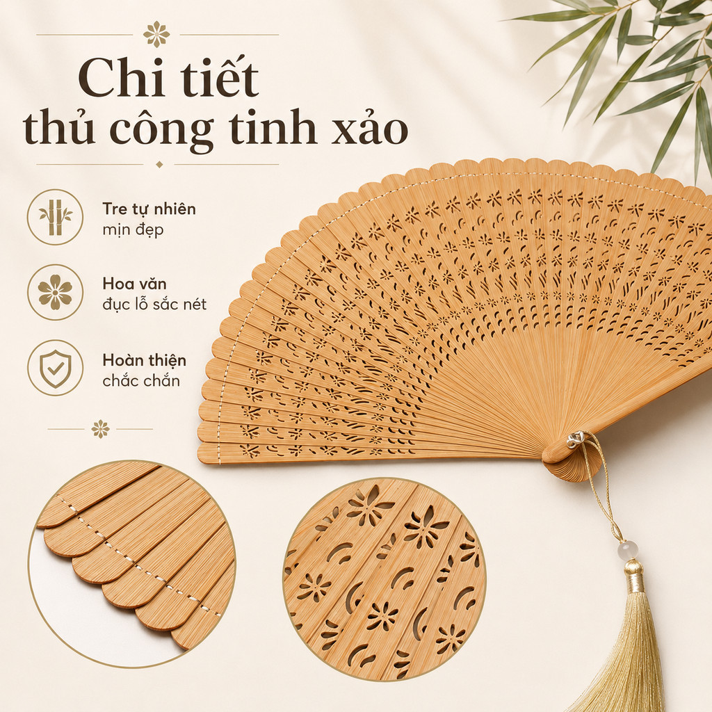Quạt Gập Cổ Trang Cầm Tay Bằng Tre – Mini Gấp Gọn, Đạo Cụ Chụp Ảnh, Quà Tặng Xinh Xắn