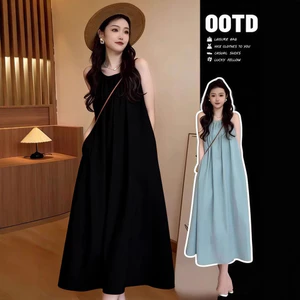 Áo Vest Không Tay Nữ Đi Biển Phong Cách Kỳ Nghỉ Rời Trên Đầu Gối Màu Trơn Dài