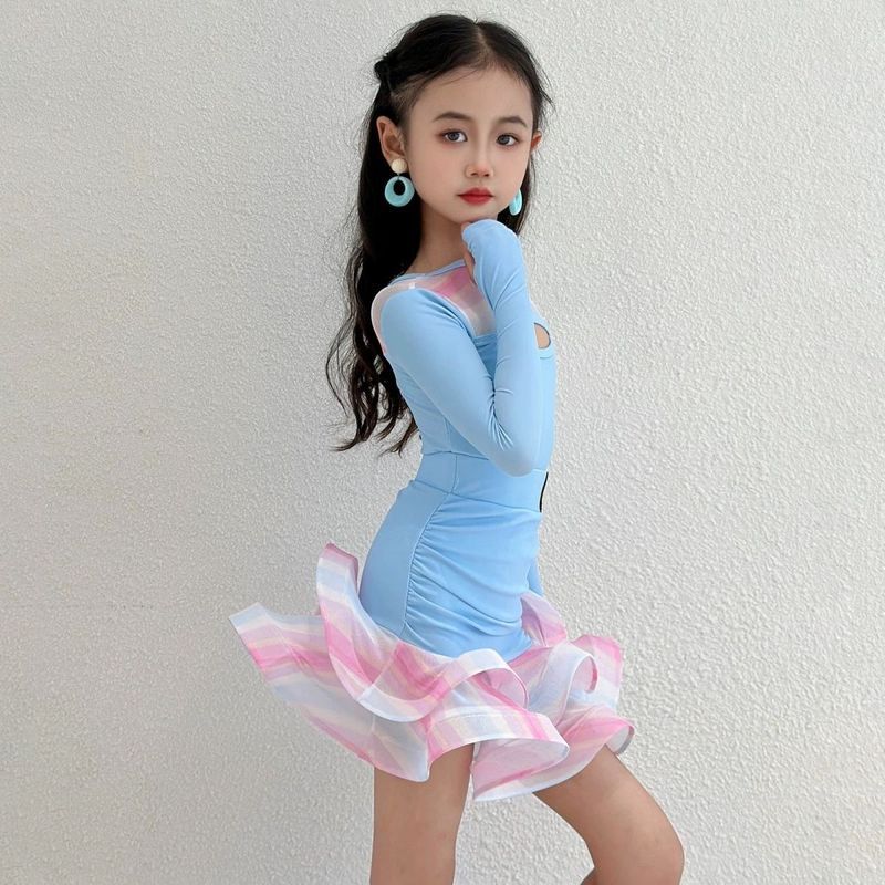 ✿ Trang phục khiêu vũ Latin tiêu chuẩn dành cho cuộc thi Trẻ em bé gái dài tay lưới Ruffle viền váy