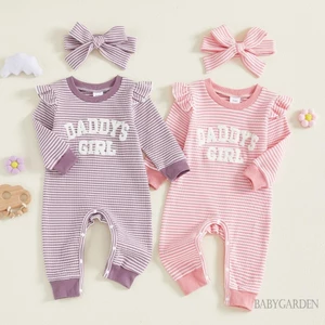 Bộ áo liền quần sọc sọc cho bé gái Bộ áo liền quần dài tay xù và băng đô dễ thương