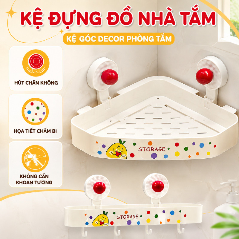 Kệ Đựng Đồ Nhà Tắm Hút Chân Không,Họa Tiết Chấm Bi,Kệ Góc Decor Phòng Tắm,Không Cần Khoan Tường