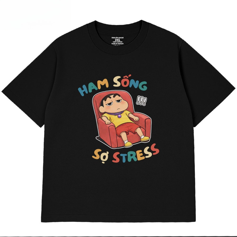 （Giao hàng 24h）Angela Áo Thun In Chữ Hài Hước Ham Sống Sợ Stress Câu Nói Văn Phòng Công Sở Form Rộng Cototn 230gsm